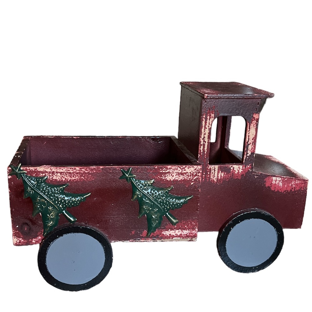 Holiday decor wooden trick with Christmas tree accents